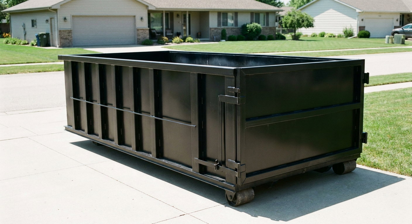 Matte-black 10-yard roll-off dumpster on a residential concrete driveway in Knoxville, uniformly painted matte black across every panel and rail, ribbed steel sidewalls and rear swing door visible, mid-day daylight.