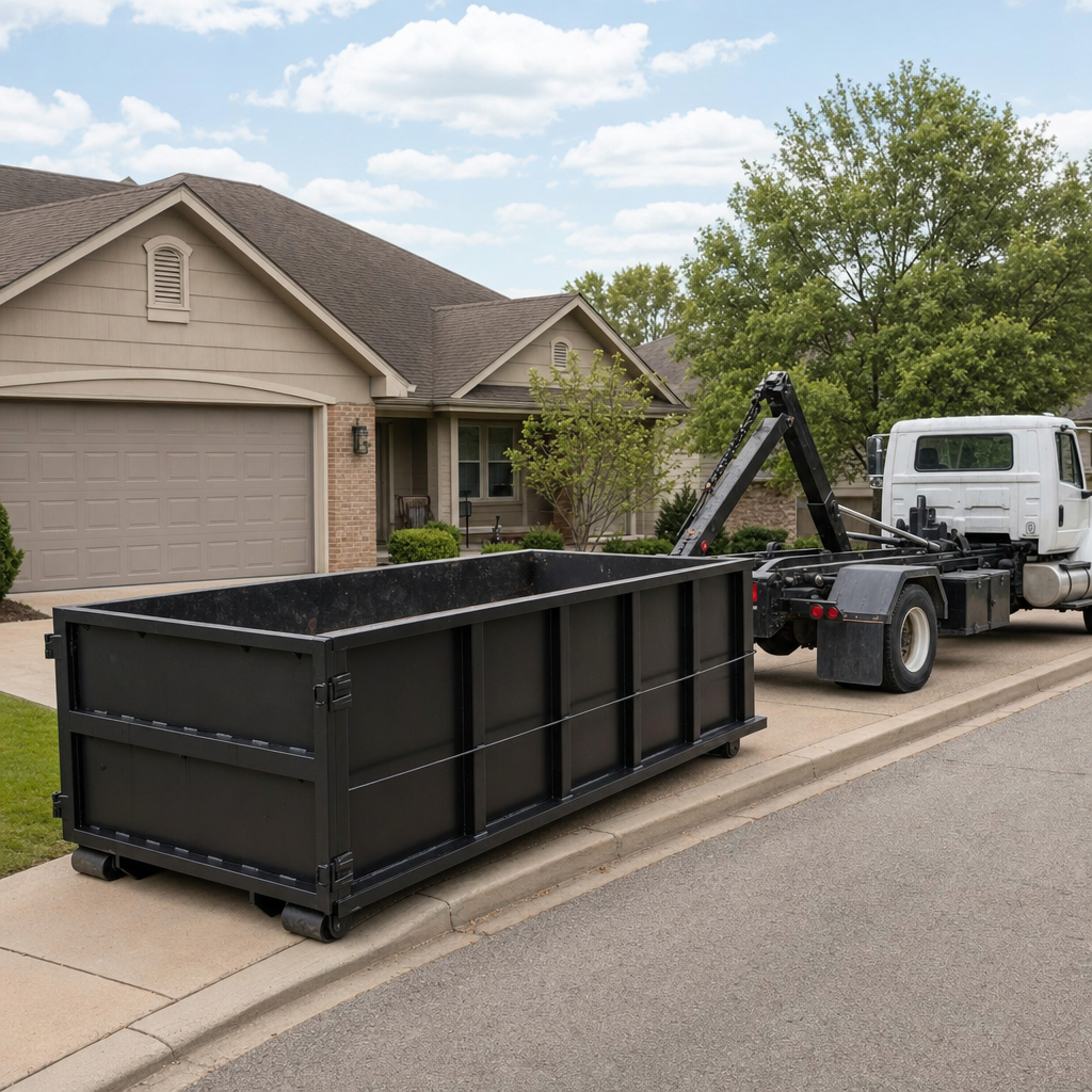 Wide documentary shot of a matte-black roll-off dumpster on a Knoxville residential driveway in the foreground and a contractor jobsite container in the soft-focus background, bright daylight, calm and orderly composition.