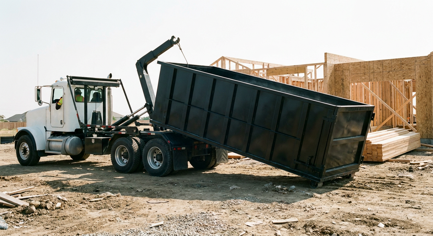 Matte-black roll-off dumpster being delivered onto a clean residential concrete driveway in Knoxville by an unmarked white hooklift hauler truck, bright morning daylight, documentary 35mm perspective.